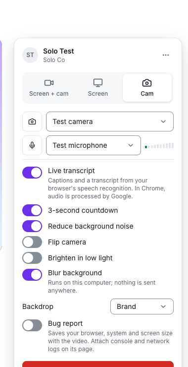 Recorder settings with Blur background switched on: runs on this computer; nothing is sent anywhere