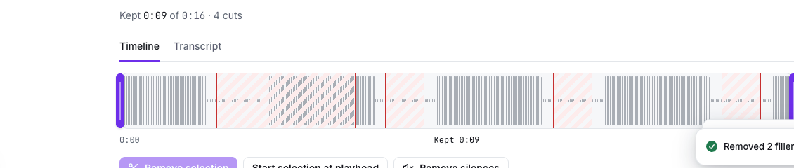 The editing timeline with several cut sections marked, and a note that 2 filler words were removed