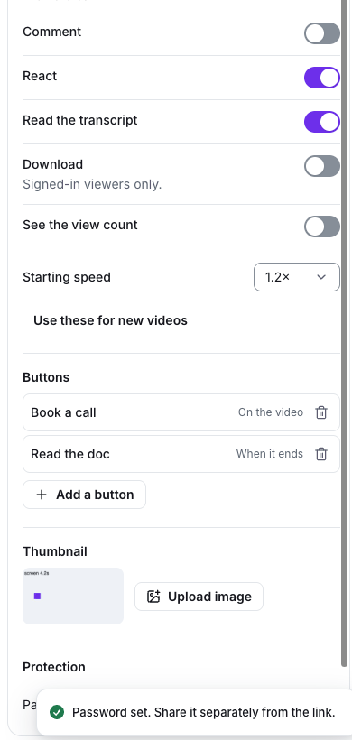 Per-video settings: comment, react, read the transcript, download, see the view count, starting speed
