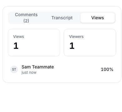 The Views tab of a video: 1 view, 1 viewer, Sam Teammate watched 100%